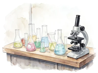 Science lab bench with test tubes, beakers, and a microscope arranged neatly