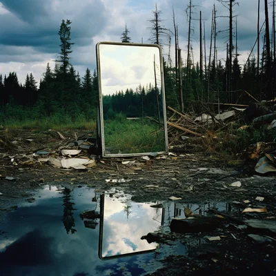 Photo A mirror in a landfill reflects a pristine fore