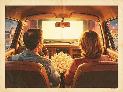 A couple at a drive-in movie, seen from behind through the windshield, the movie