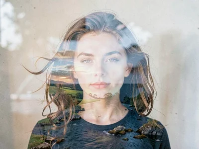 Portrait with landscape overlay dreaming