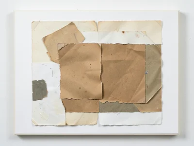 Torn brown paper bag layered over torn white paper, two-tone minimalist collage 