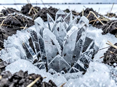 Ice lens forming in frozen ground pushing soil upward
