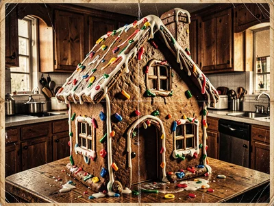Gingerbread house decorated with icing and candy, kitchen background