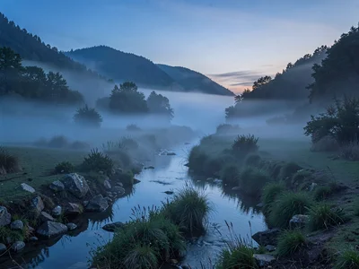 Stream valley with fog following watercourse exactly