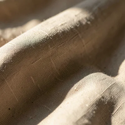 Linen fabric close-up, natural beige weave, soft directional light