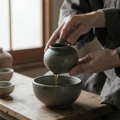 Soft natural light photograph, Tea ceremony ritual, hands pouring from ceramic p