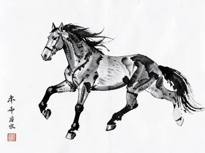 Horse in motion suggested by three broad brushstrokes, white ground