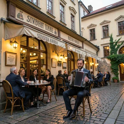 Habsburg café warmth surviving in Lviv, Ukraine, street musician playing accordi