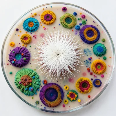 Single Aspergillus colony radiating from center of agar plate, white filamentous