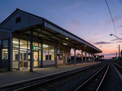Train station exterior twilight