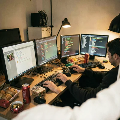 Documentary photograph, Late night coding session, multiple monitors, energy dri
