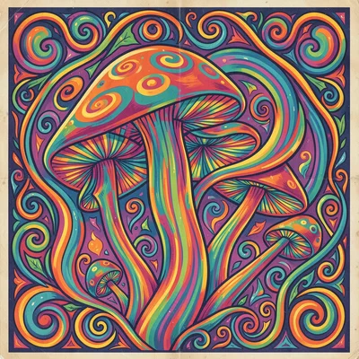 Psychedelic poster illustration, mushrooms growing with swirling spiral caps , v