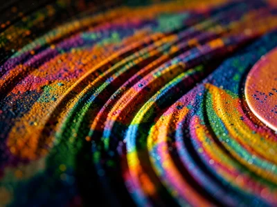 Splatter vinyl macro, two colors of PVC marbled together, groove cut through the