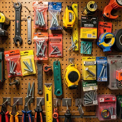 Densely layered composition, rich saturated colors, Hardware store pegboard wall