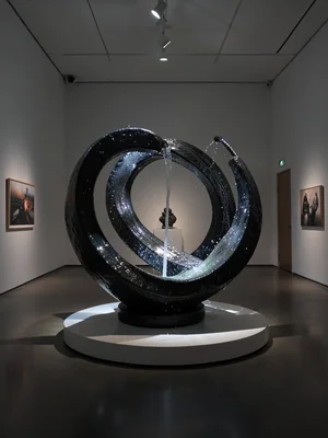 Perpetual motion sculpture in gallery, water flowing in impossible loop, spotlit