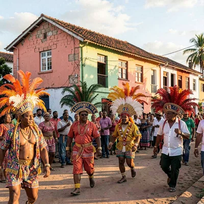 Chattel house colors in Barbados afternoon light, Crop Over festival parade, ela