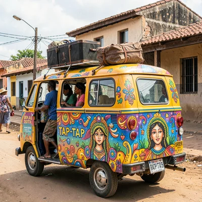 Resilient color in Port-au-Prince, Haiti, Tap-tap loading passengers, painted Ma
