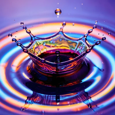 Water droplet impact creating perfect crown splash, colored liquid, high speed