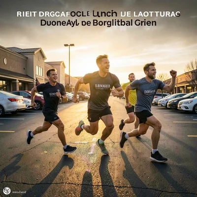 Runners triumphantly crossing a finish line in a strip mall parking lot