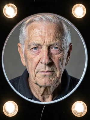 Centenarian portrait under ring light plus four accent lights, every wrinkle ren