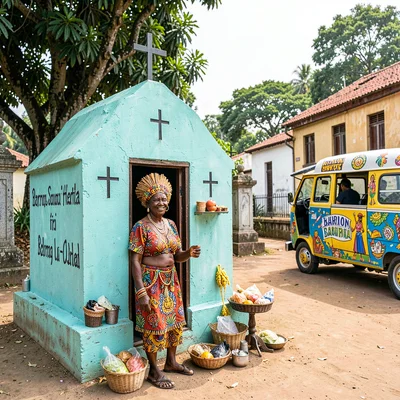 Resilient color in Port-au-Prince, Haiti, Cemetery tomb painted turquoise with c