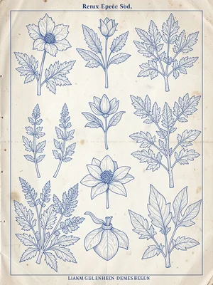 Pressed plants blue print