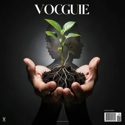 Hands cupping silhouette filled with sprouting seedling and roots, double exposu