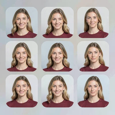 Flat geometric character select grid composition with five rounded portrait tile