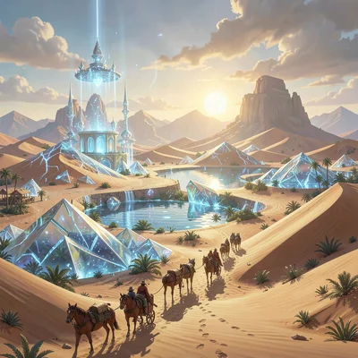 Fantasy environment illustration, a magical desert with glass dunes and mirage o