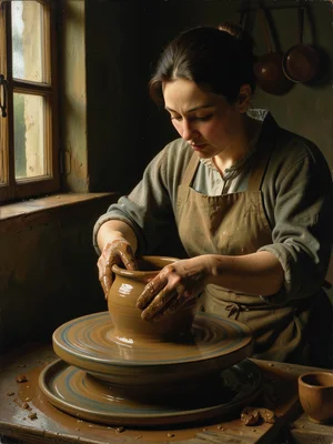 A potter at her wheel, clay-covered hands shaping a vessel, the warm window ligh