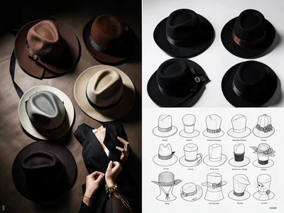 Hat collection flat lay, alternating between photograph and milliner's pattern d