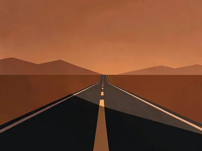 Vanishing-point road climbs gently toward a copper horizon under a rust-orange e