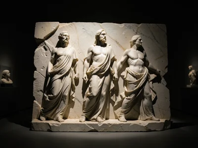 A fragmentary relief panel: three figures in procession, one missing its head, t