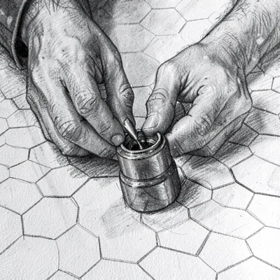 Charcoal portrait of hands sliding a miniature into position on a hex grid