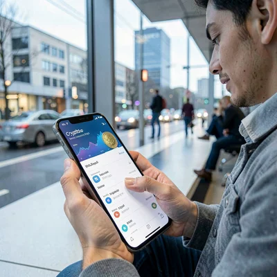 Editorial photograph, Cryptocurrency trading on phone app, person checking portf