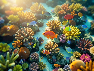 Coral reef from above through clear water, tilt-shift, toy-like marine life