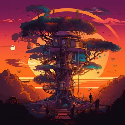 Multi-level treehouse comic-style rocket launches at