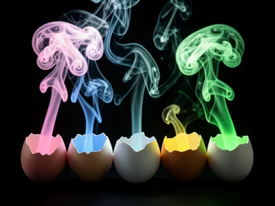 Pastel-colored smoke wisps rising from cracked eggshells arranged in a row, each