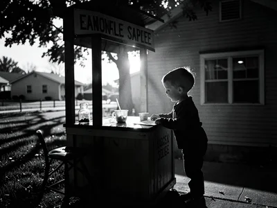 Lemonade stand in dramatic lighting, child entrepreneur silhouette, innocent cap
