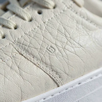 Mineral-cut macro of cream leather court sneaker grain, fine pebbled texture cat