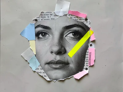Torn newsprint fragments arranged into the rough shape of a face, halftone eye l