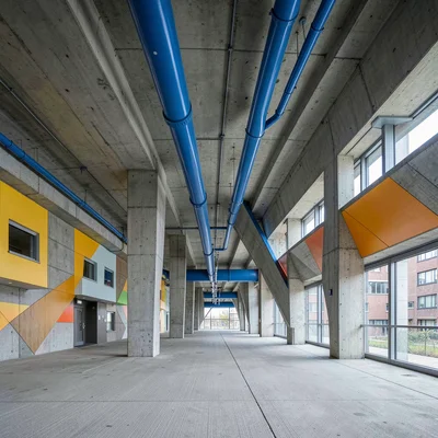 Post-war reconstruction modernism, Rotterdam radical geometry, Blue pipes runnin