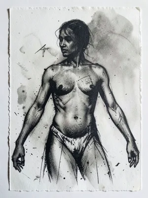 Gestural figure monoprint, wiped torso and scratched limbs in single fast sessio