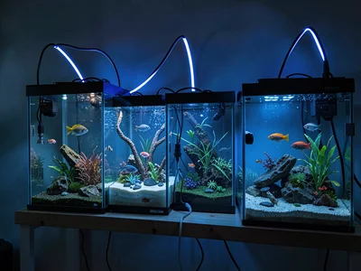 Multiple tanks on shelving unit, blue glow multiplication, the serious hobbyist 