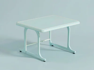 Pale cyan blueprint with ivory linework of a stylized exam table single-object r