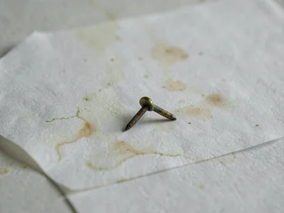 A solitary brass nail dulled by patina resting on white-grey paper, surface agei