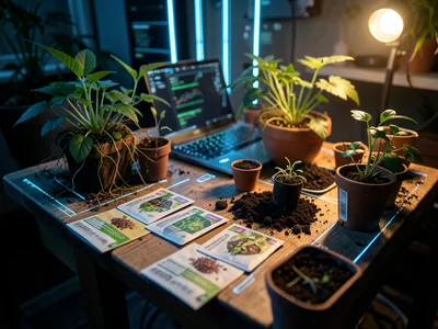 Seed packets spread across wooden potting bench, soil and small pots arranged