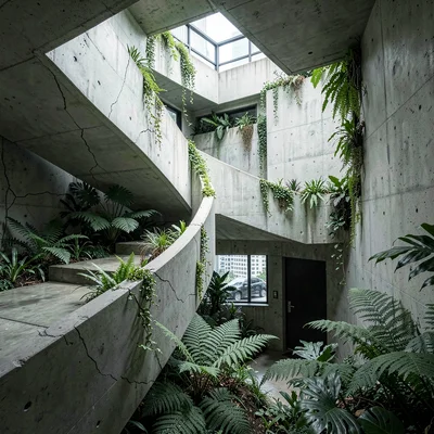 Singapore tropical modernism, green claiming grey, Brutalist car park interior, 