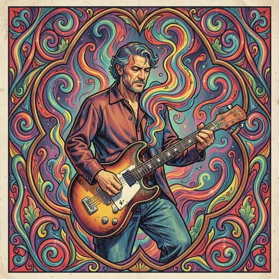 Psychedelic poster illustration, a guitarist with instrument morphing into smoke