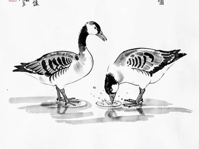 Two geese landing on water, feet first, minimal splash indicated